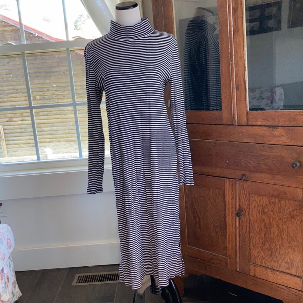 LOFT Blue & White Striped Mock Neck Dress, Size L
